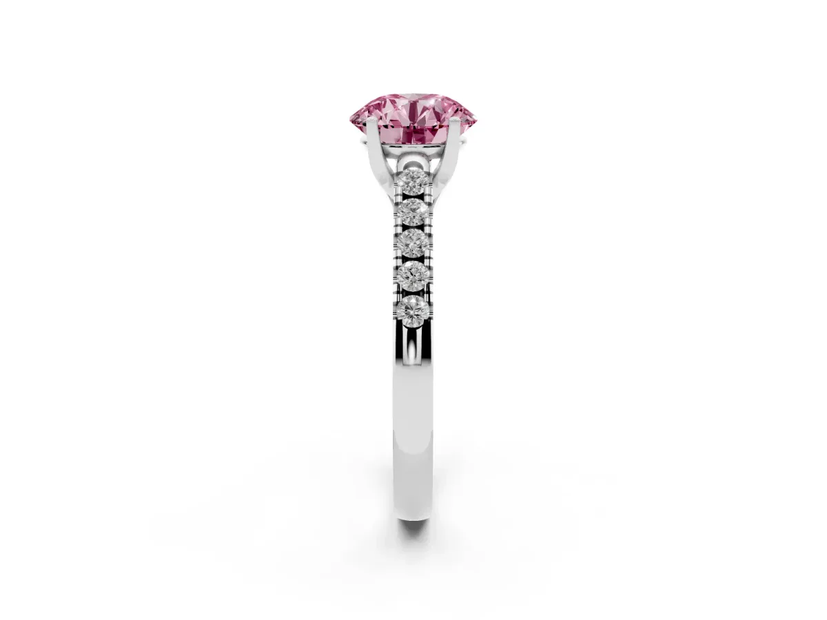 Fancy Pink Round Cut Diamond Pavé Band Solitaire Ring with Prong Setting Platinum