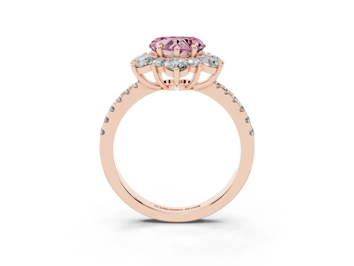 Fancy Pink Heart Cut Diamond Floral Halo Ring with Round Pavé Band and Prong Setting Rose gold