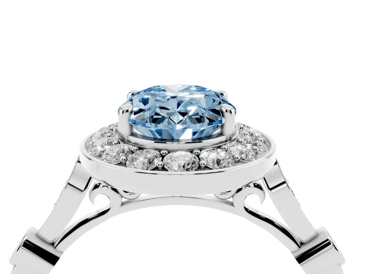 Fancy Blue Oval Cut Halo Diamond Engagement Ring with Twisted Band and Four-Prong Setting Silver