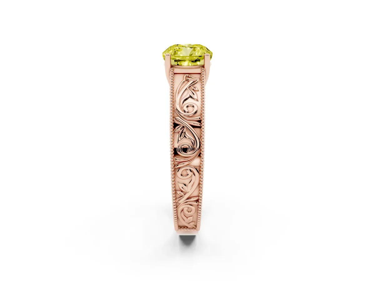 Fancy Yellow Cushion Cut Diamond Solitaire Ring with Engraved Band and Four-Prong Setting Rose gold