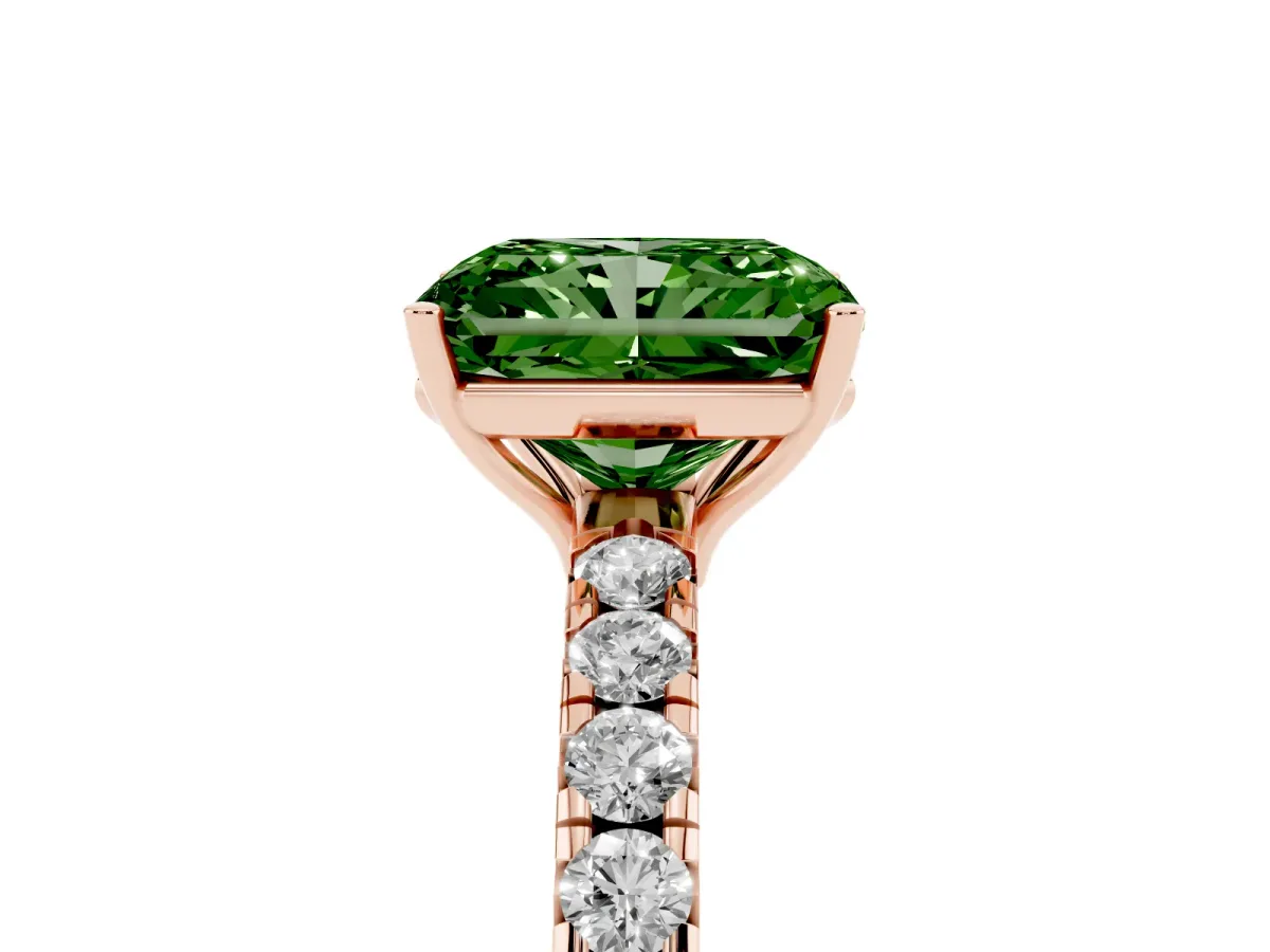 Fancy Green Radiant Cut Diamond Pavé Solitaire Engagement Ring with Four-Prong Setting Rose gold