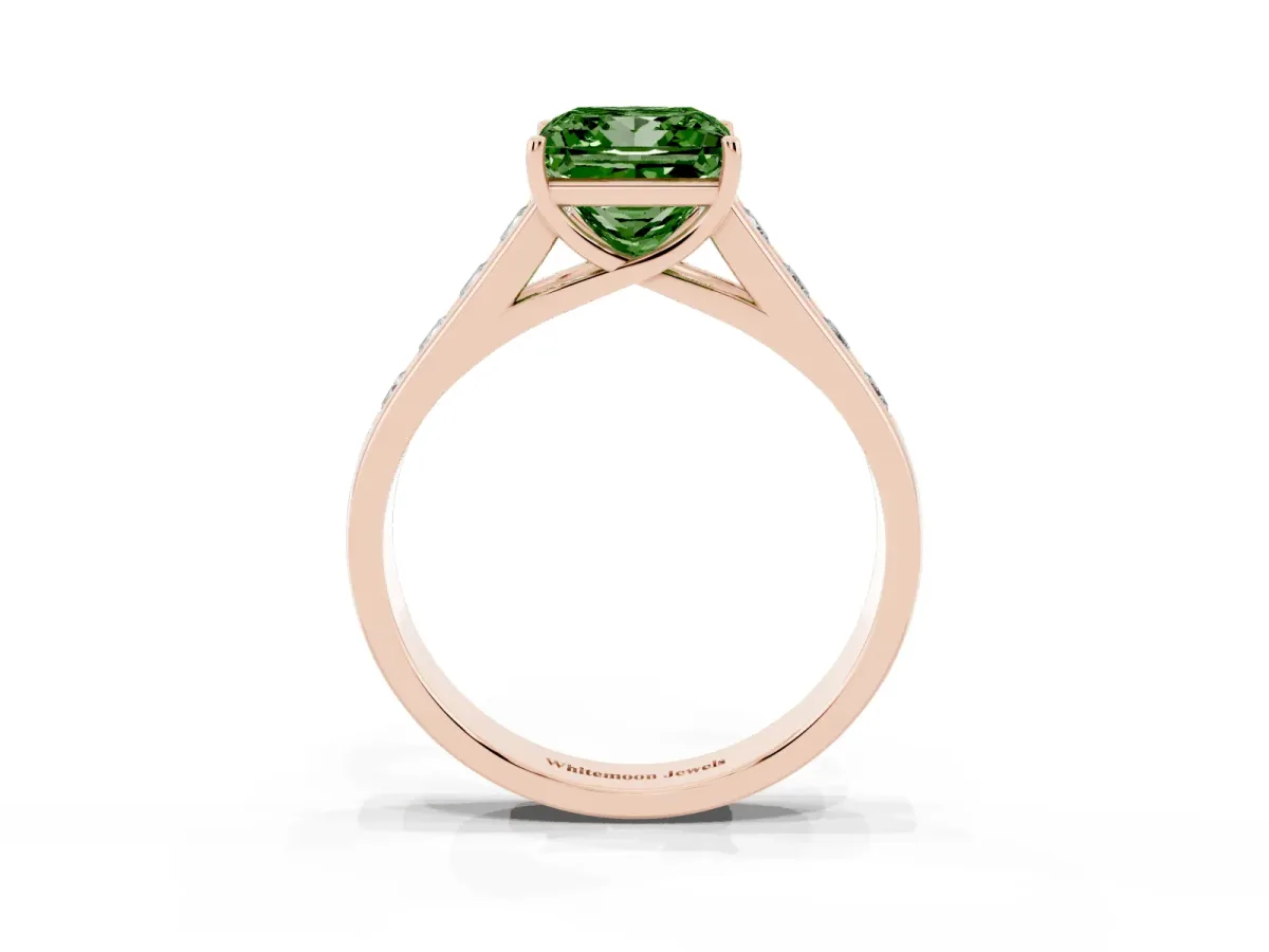 Fancy Green Princess Cut Brilliant Channel-Set Solitaire Ring with Four-Prong Setting Rose gold