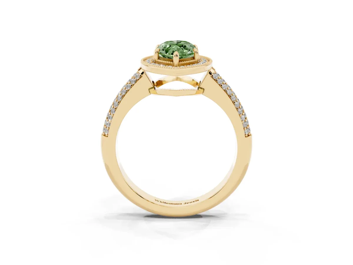 Fancy Green Marquise Cut Cut Halo Diamond Pave Band with Four-Prong Setting Yellow gold