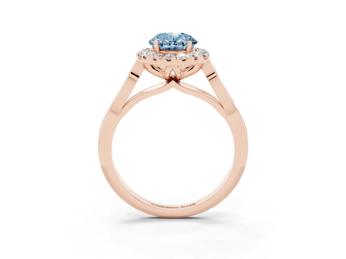 Fancy Blue Oval Cut Halo Diamond Engagement Ring with Filigree Band and Four-Prong Setting Rose gold