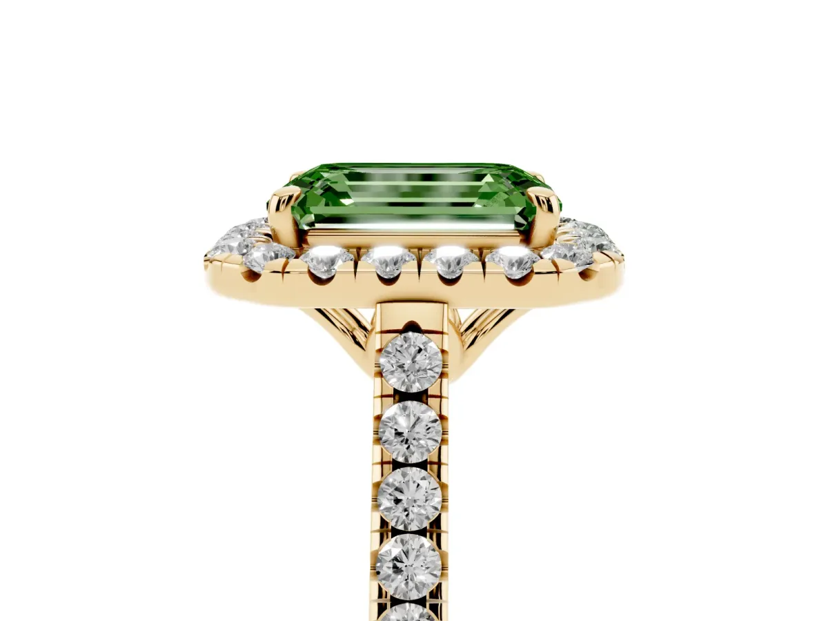 Fancy Green Emerald Cut Halo Pavé Diamond Engagement Ring with Four-Prong Setting Yellow gold