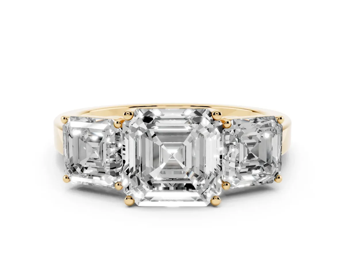 Three-Stone Asscher Cut Cut Diamond Engagement Ring with Flat Band and Four-Prong Setting Yellow gold