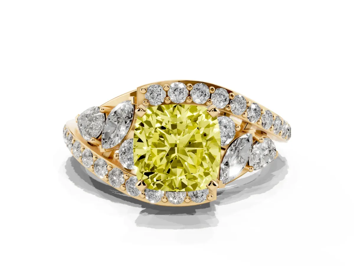 Fancy Yellow Cushion Cut Diamond Halo Ring with Marquise and Pavé Band in Prong Setting Yellow gold