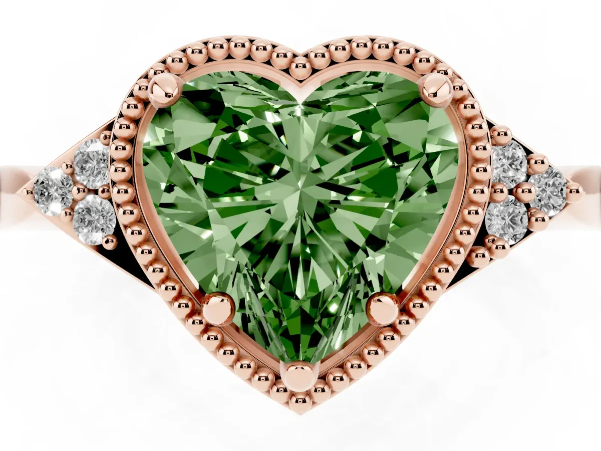 Fancy Green Milgrain Heart Cut Cut Diamond Ring with Tapered Pave Band and Four Prong Setting Rose gold