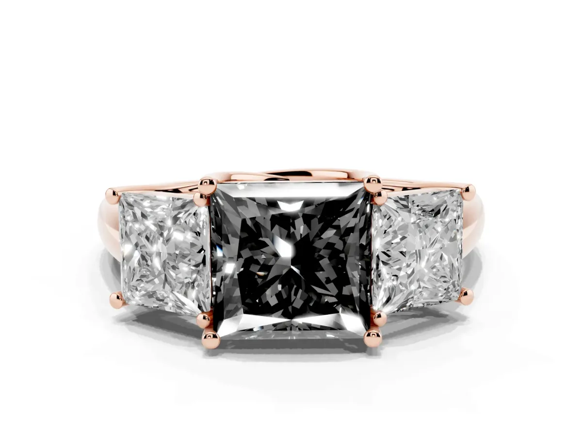 Fancy Black Three-Stone Princess Cut Diamond Engagement Ring with Prong Setting Rose gold