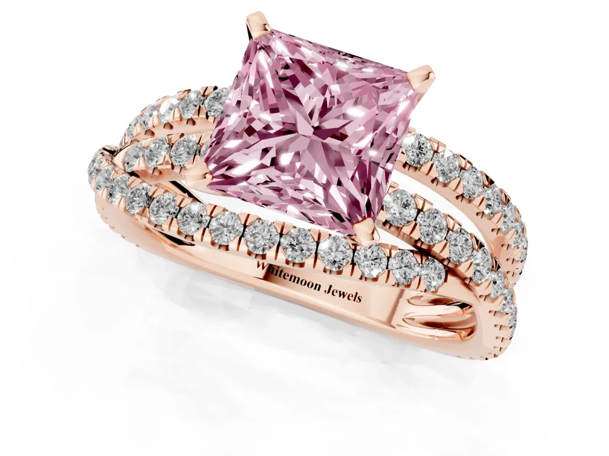 Fancy Pink Princess Cut Solitaire Twist Band with Pavé Setting and Four-Prong Setting Rose gold