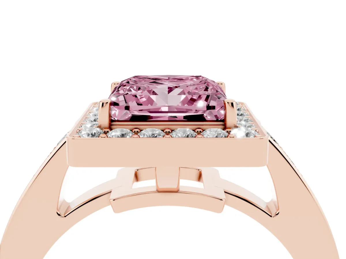 Fancy Pink Princess Cut Halo Pavé Diamond Engagement Ring with Bezel Setting Rose gold