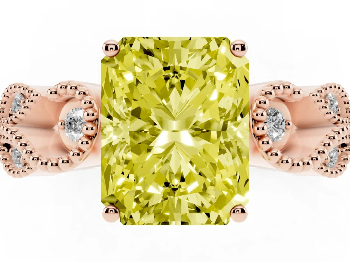 Fancy Yellow Princess Cut Solitaire Milgrain Leaf Band with Prong Setting Rose gold