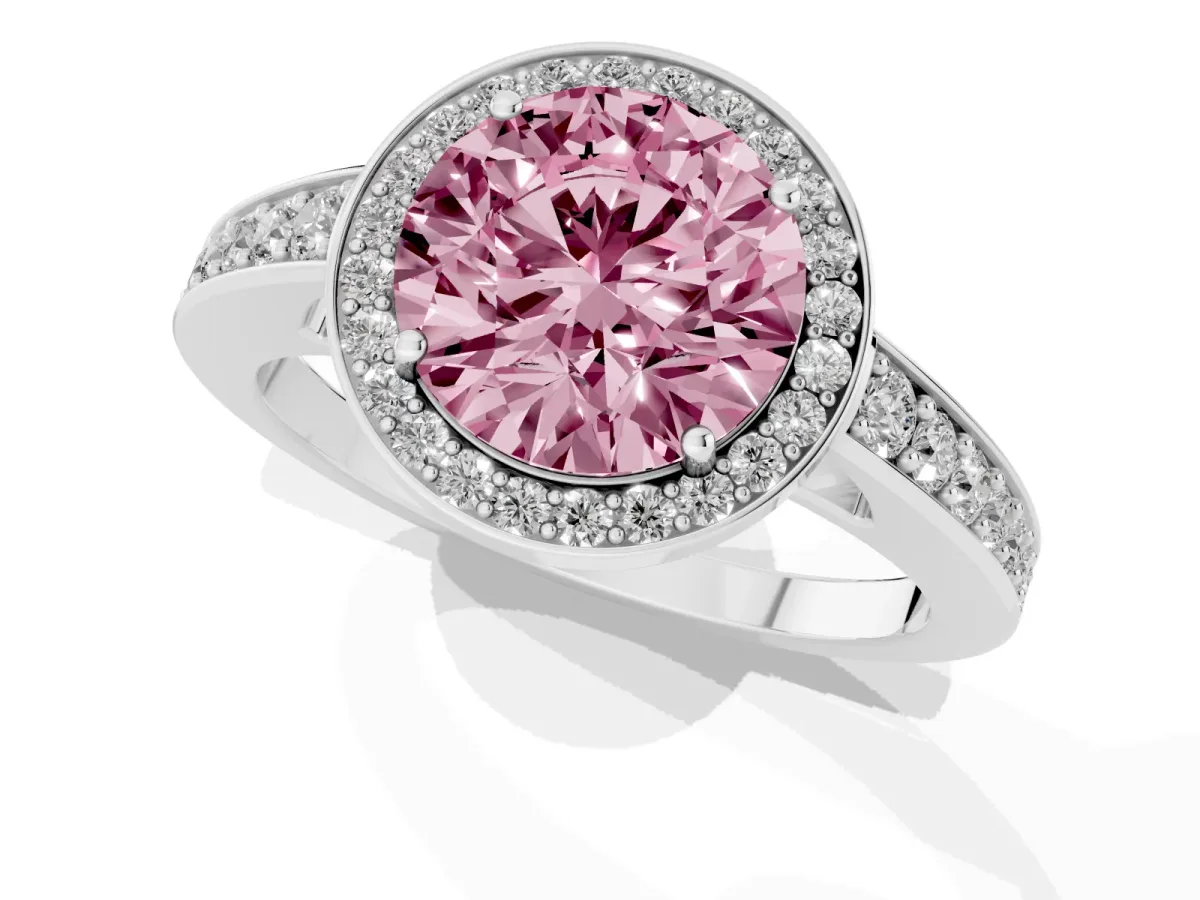 Fancy Pink Round Cut Halo Pavé Diamond Engagement Ring with Bezel Setting Silver
