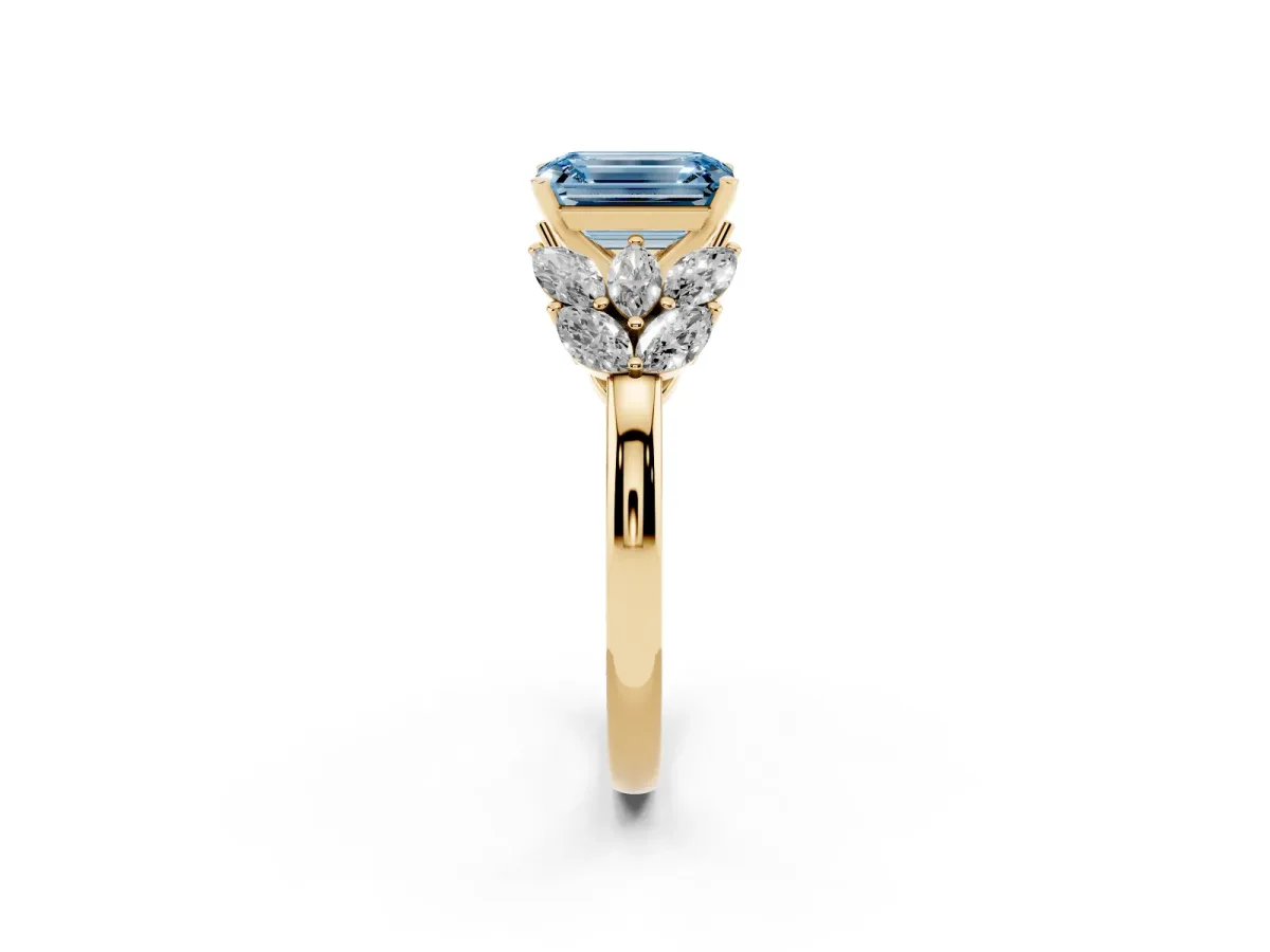 Fancy Blue Emerald Cut Diamond Cluster Leaf Design Ring with Prong Setting Yellow gold