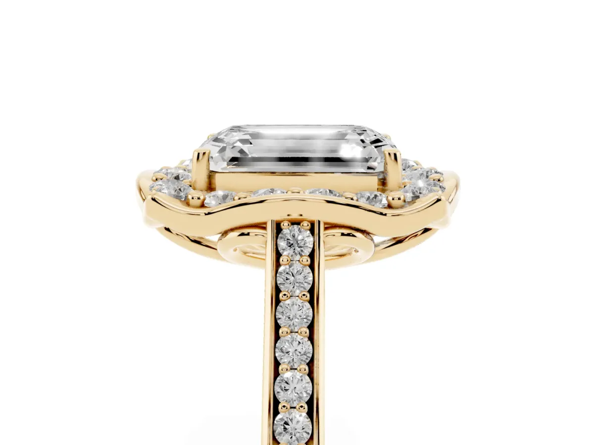 Emerald Cut Halo Round Diamond Pave Band with Four-Prong Setting Yellow gold