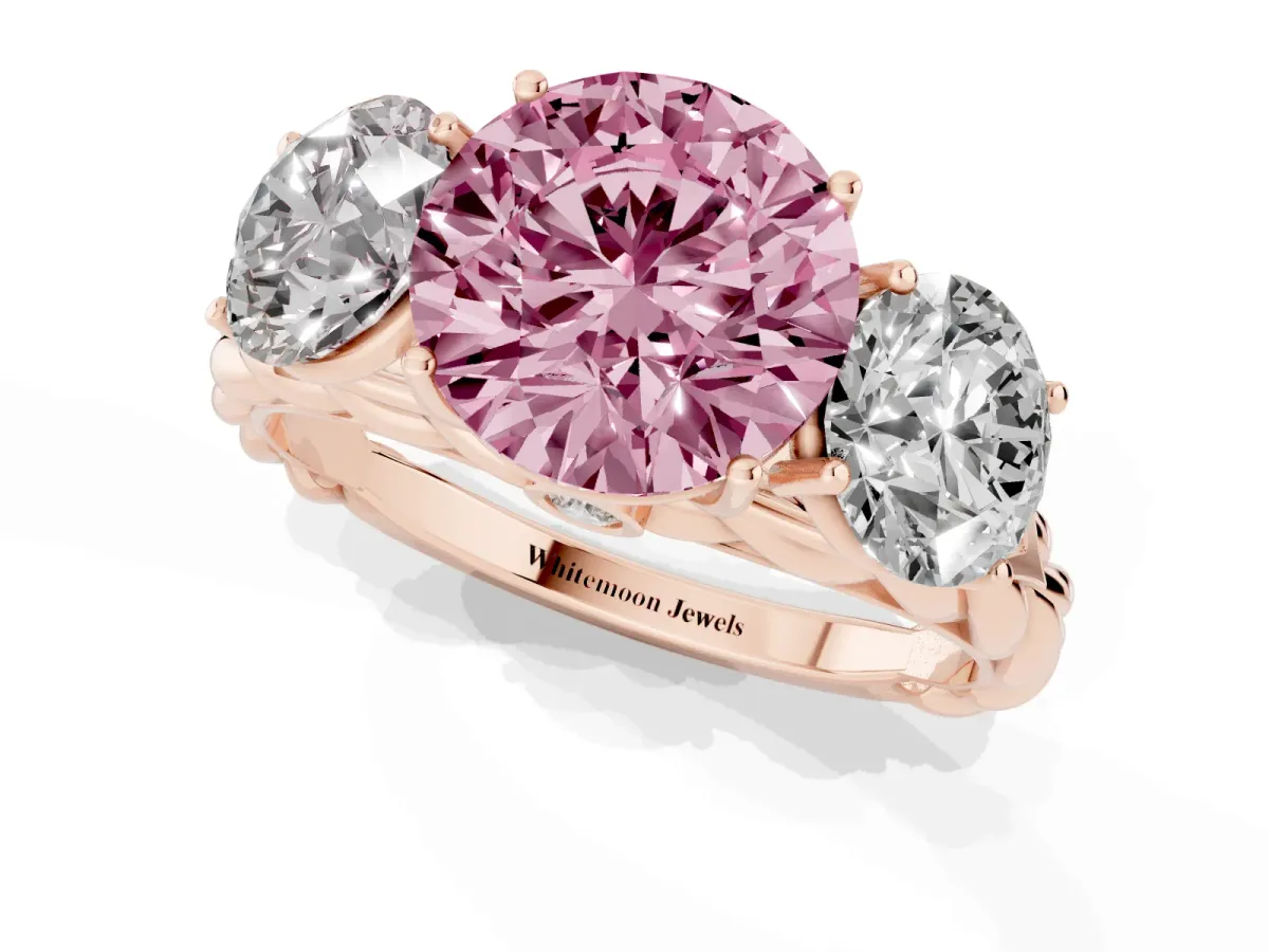 Fancy Pink Three-Stone Round Cut Diamond Braided Band Ring with Four-Prong Setting Rose gold