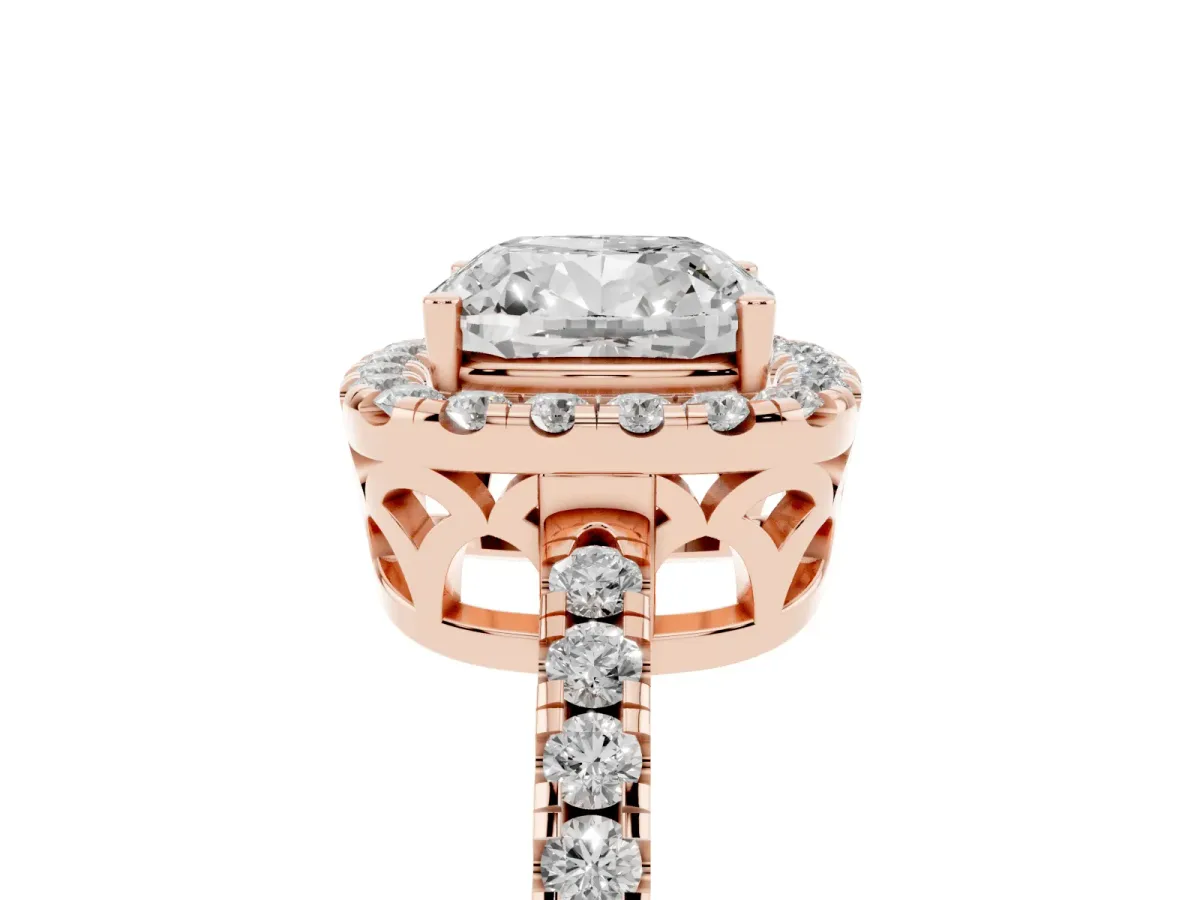 Cushion Cut Halo Diamond Engagement Ring with Pavé Band and Four-Prong Setting Rose gold