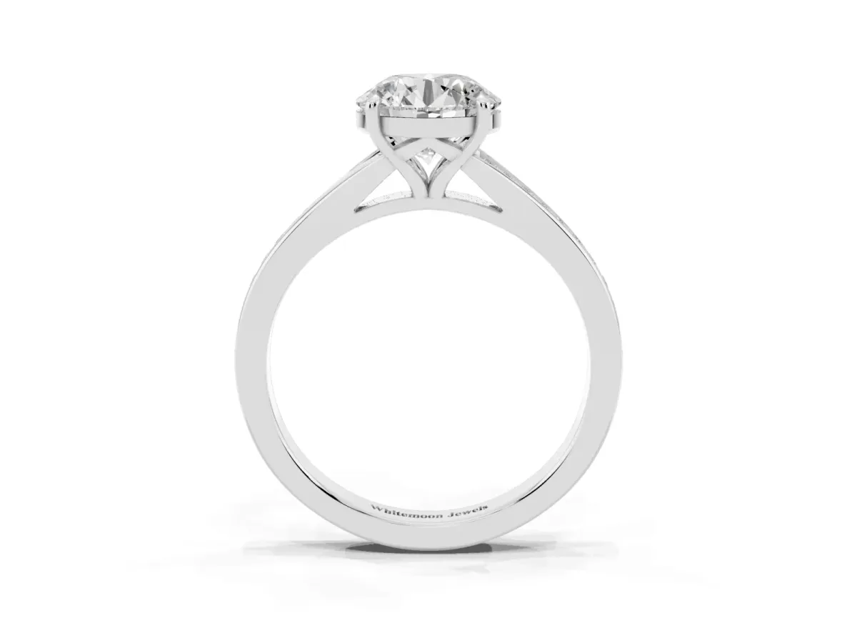 Round Cut Diamond Solitaire Ring with Pavé Band and Prong Setting Platinum