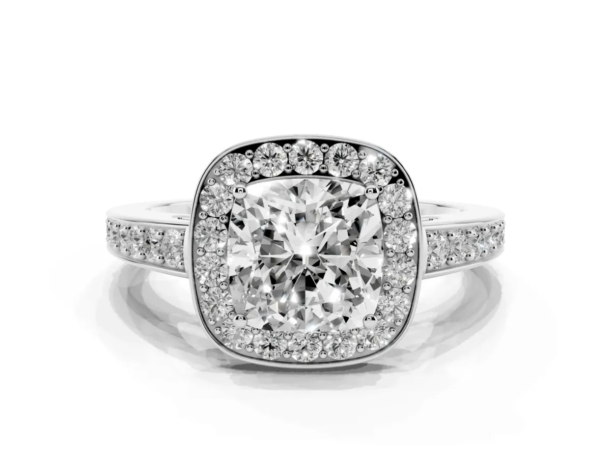 Cushion Cut Halo Pavé Diamond Engagement Ring with Bezel Setting Silver