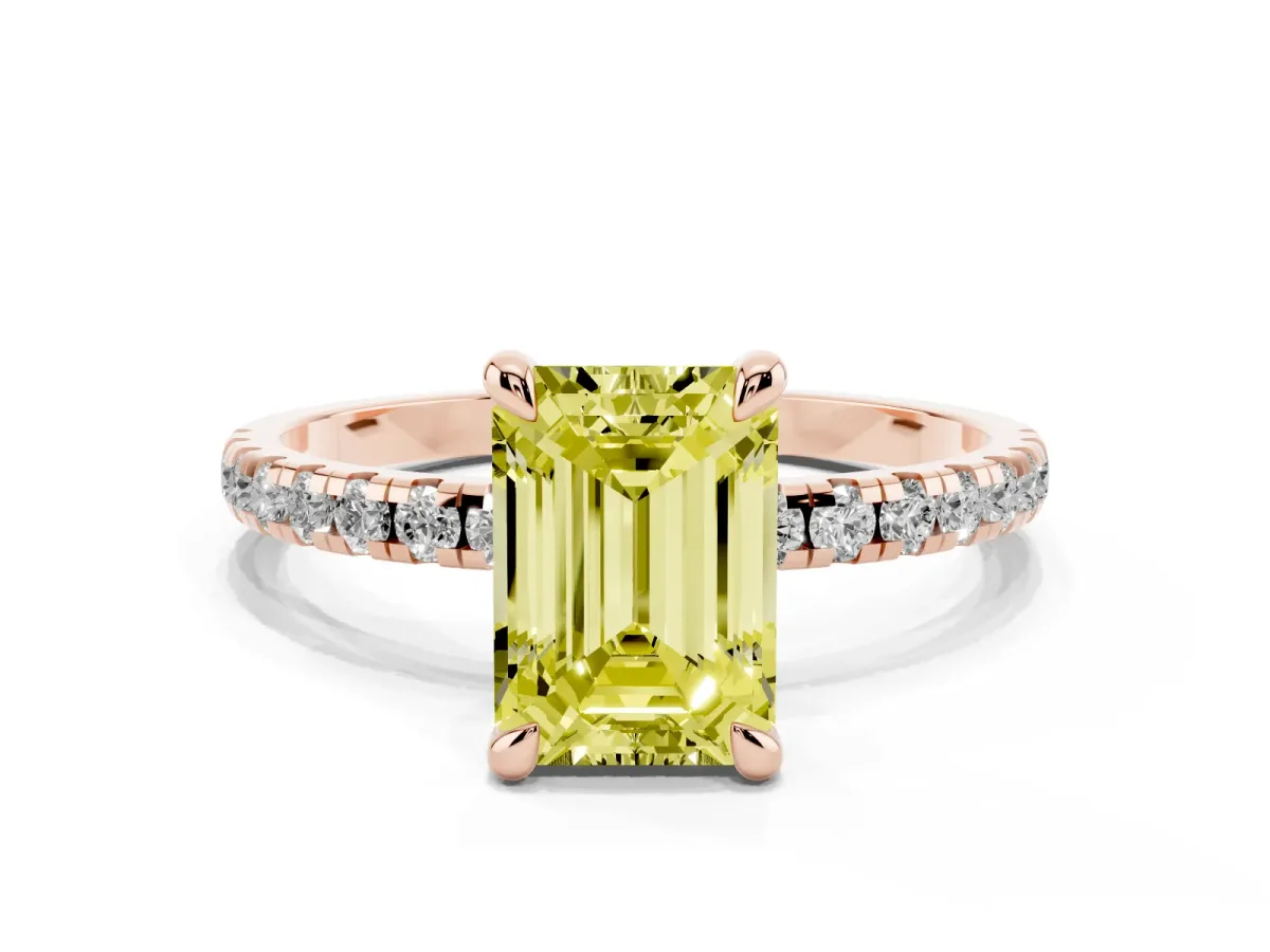Fancy Yellow Emerald Cut Diamond Brilliant Solitaire Ring with Pavé Band and Four-Prong Setting Rose gold