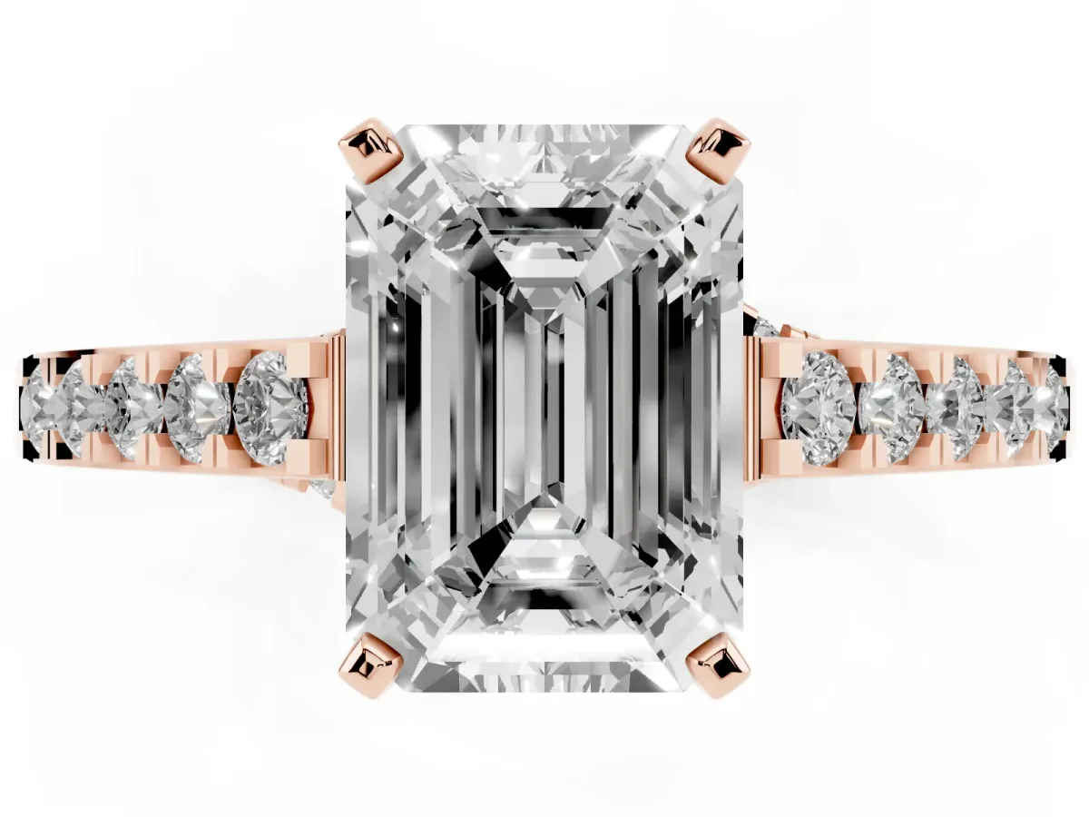 Emerald Cut Diamond Solitaire Ring with Crossover Gallery and Round Pavé Band Rose gold