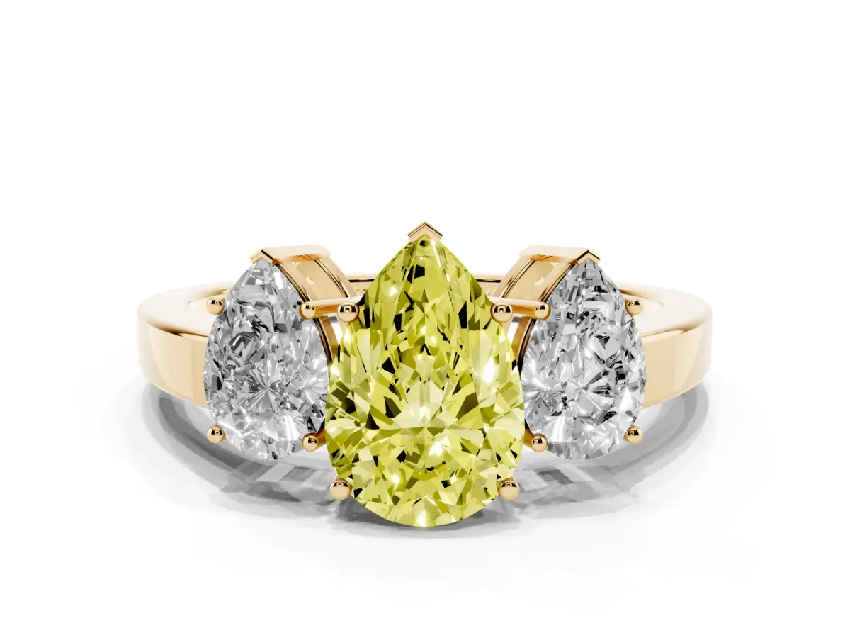 Fancy Yellow Three-Stone Pear Cut Cut Diamond Engagement Ring with Flat Band and Four-Prong Setting Yellow gold
