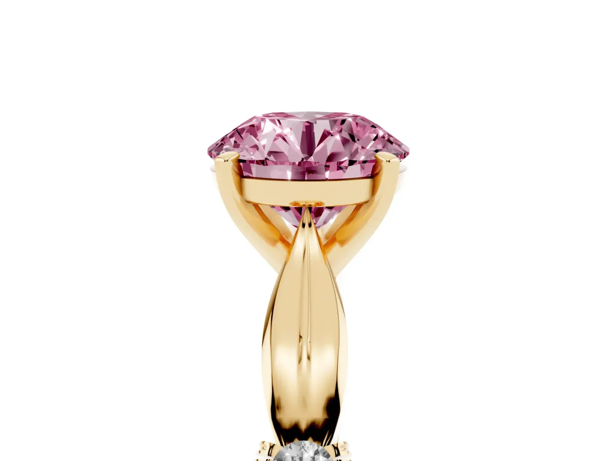 Fancy Pink Round Cut Solitaire Diamond Twisted Band with Four-Prong Setting Yellow gold