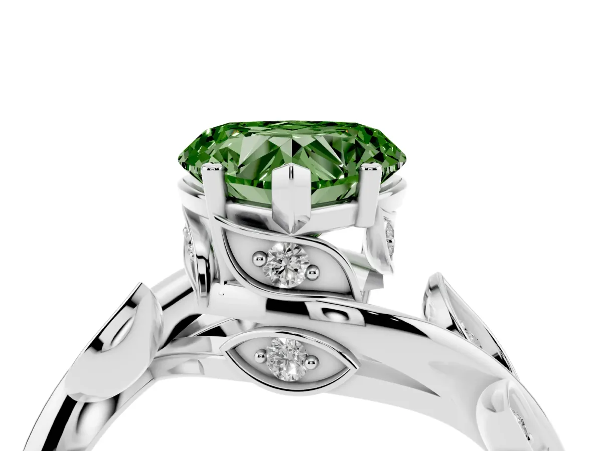 Fancy Green Heart Cut Solitaire Twist Engagement Ring with Leaf Accents and Prong Setting Silver