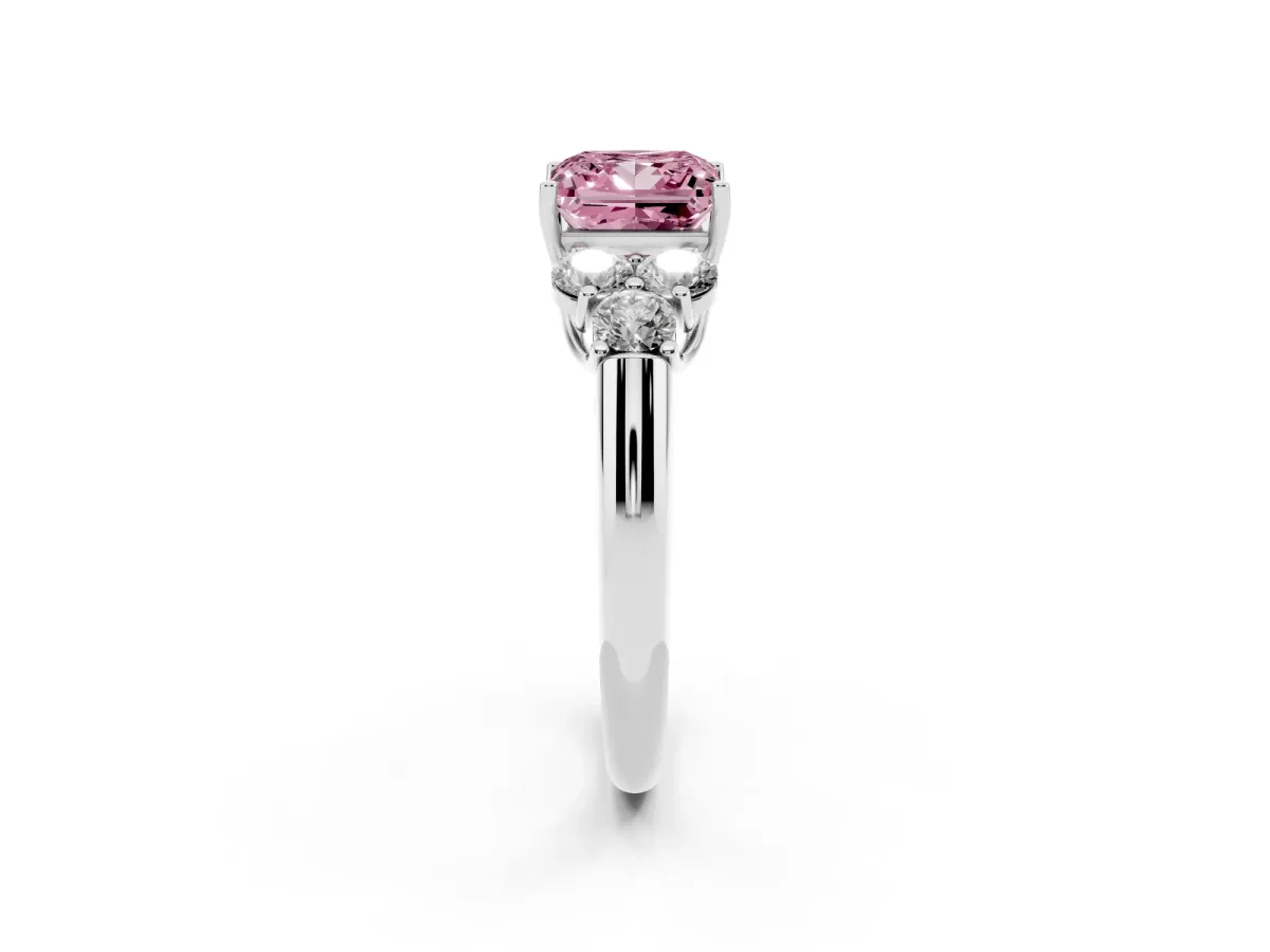 Fancy Pink Princess Cut Cut Diamond Cluster Ring with Round Accent Stones and Prong Setting on a Classic Band Silver