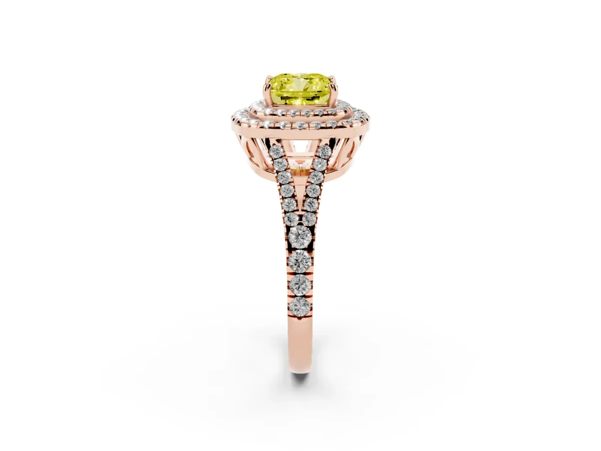 Fancy Yellow Cushion Cut Diamond Double Halo Ring with Pavé Band and Prong Setting Rose gold