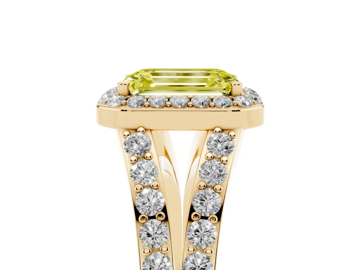 Fancy Yellow Emerald Cut Diamond Split Shank Halo Ring with Four-Prong Setting Yellow gold