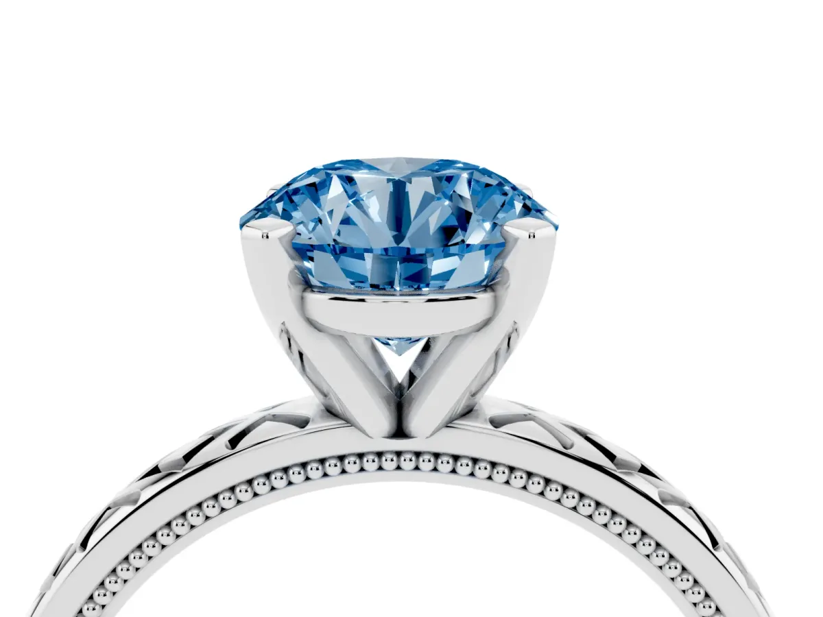 Fancy Blue Round Cut Solitaire Diamond Ring with Milgrain and Black Enamel X Pattern Band Silver