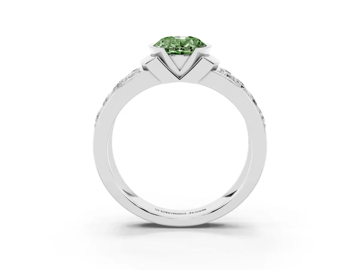 Fancy Green Oval Cut Brilliant Diamond Channel Set Wide Band Ring with Bezel Setting Platinum