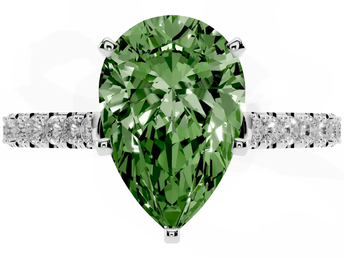 Fancy Green Pear Cut Cut Solitaire Diamond Engagement Ring with Pave Band and Four-Prong Setting Platinum