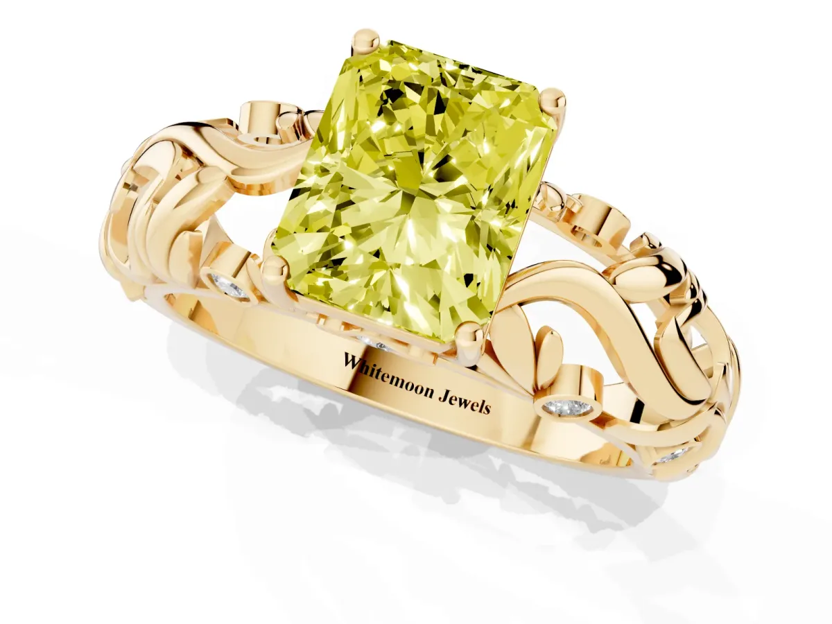 Fancy Yellow Radiant Cut Solitaire Diamond Leaf-Inspired Vine Band Ring with Prong Setting Yellow gold