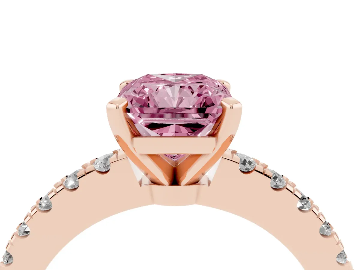 Fancy Pink Radiant Cut Solitaire Diamond with Pavé Band and Four-Prong Setting Rose gold