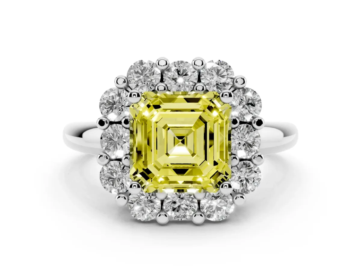 Fancy Yellow Asscher Cut Halo Cluster Diamond Engagement Ring with Prong Setting and Polished Band White gold