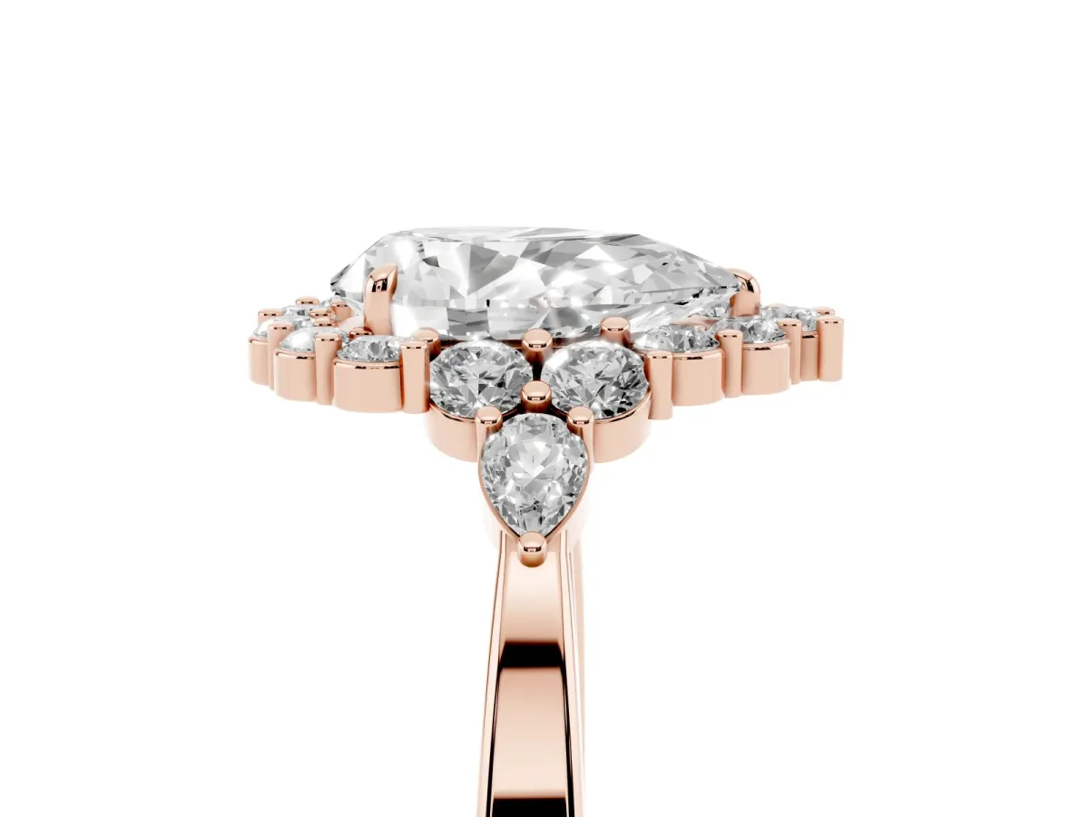 Pear Cut Diamond Halo Ring with Pear Side Stones and Prong Setting Rose gold