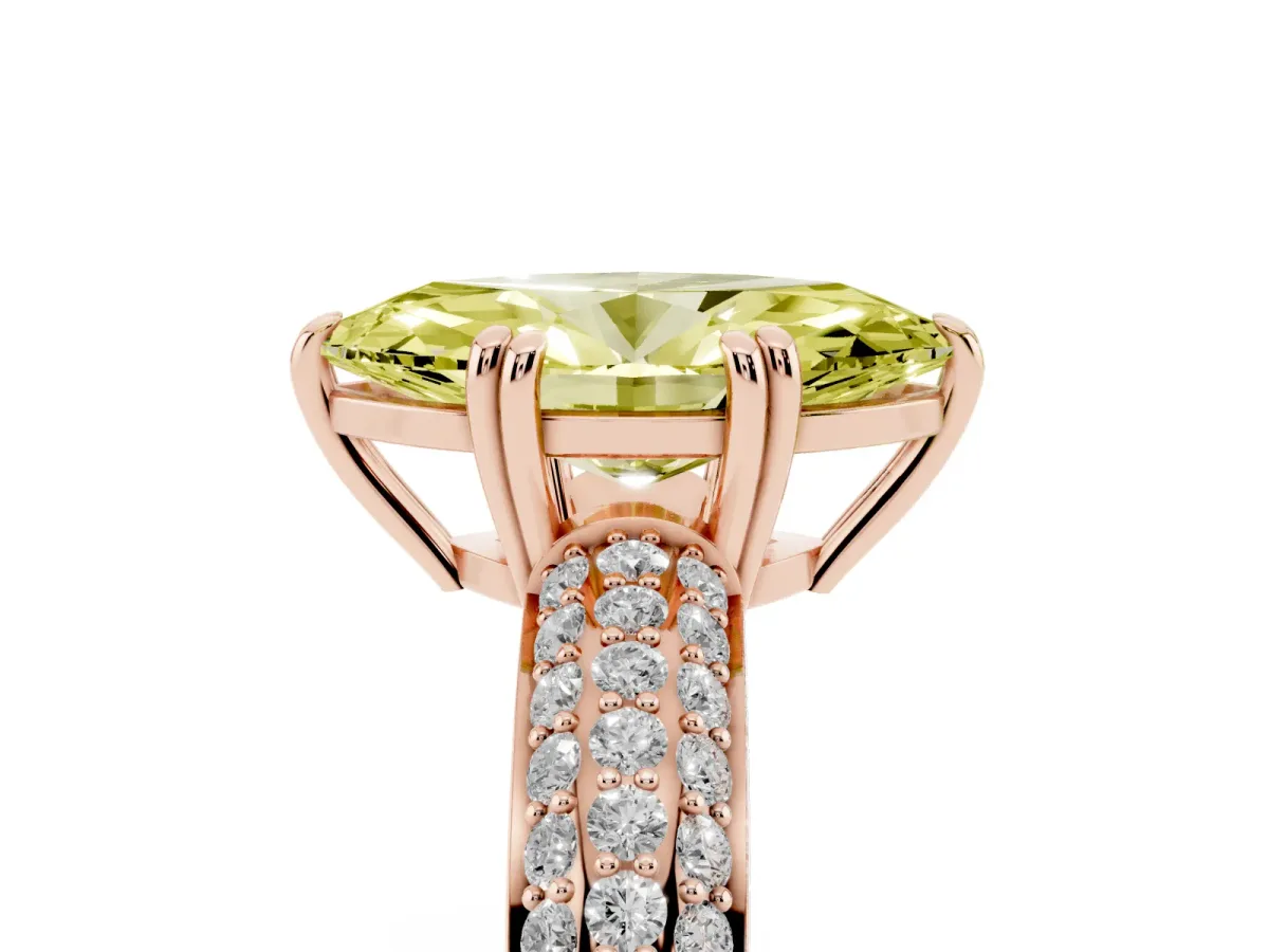 Fancy Yellow Marquise Cut Diamond Solitaire Ring with Multi-Row Round Pavé Band and Prong Setting Rose gold
