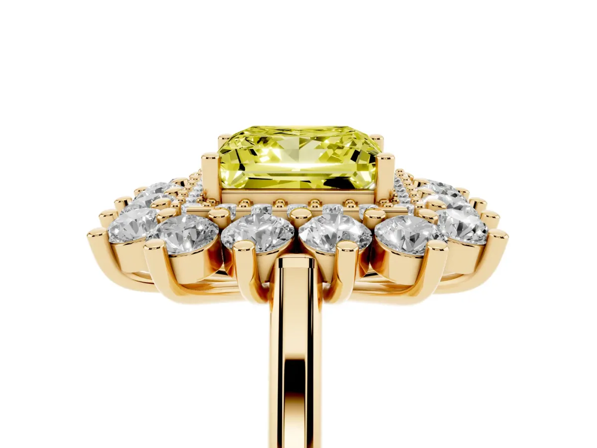 Fancy Yellow Princess Cut Diamond Floral Double Halo Engagement Ring with Prong Setting Yellow gold