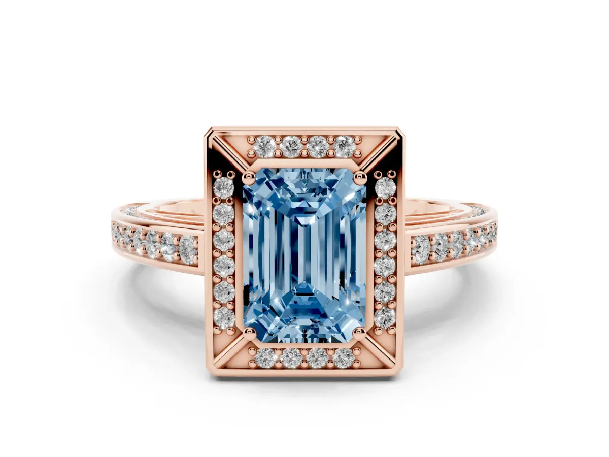 Fancy Blue Emerald Cut Cut Halo Pave Split Shank Prong Setting Ring Rose gold