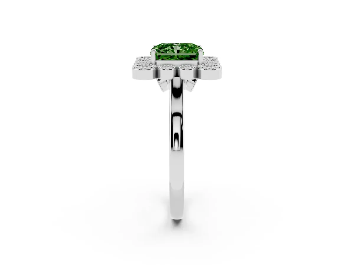 Fancy Green Radiant Cut Halo Diamond Cluster Engagement Ring with Milgrain Bezel Setting and Solitaire Band White gold