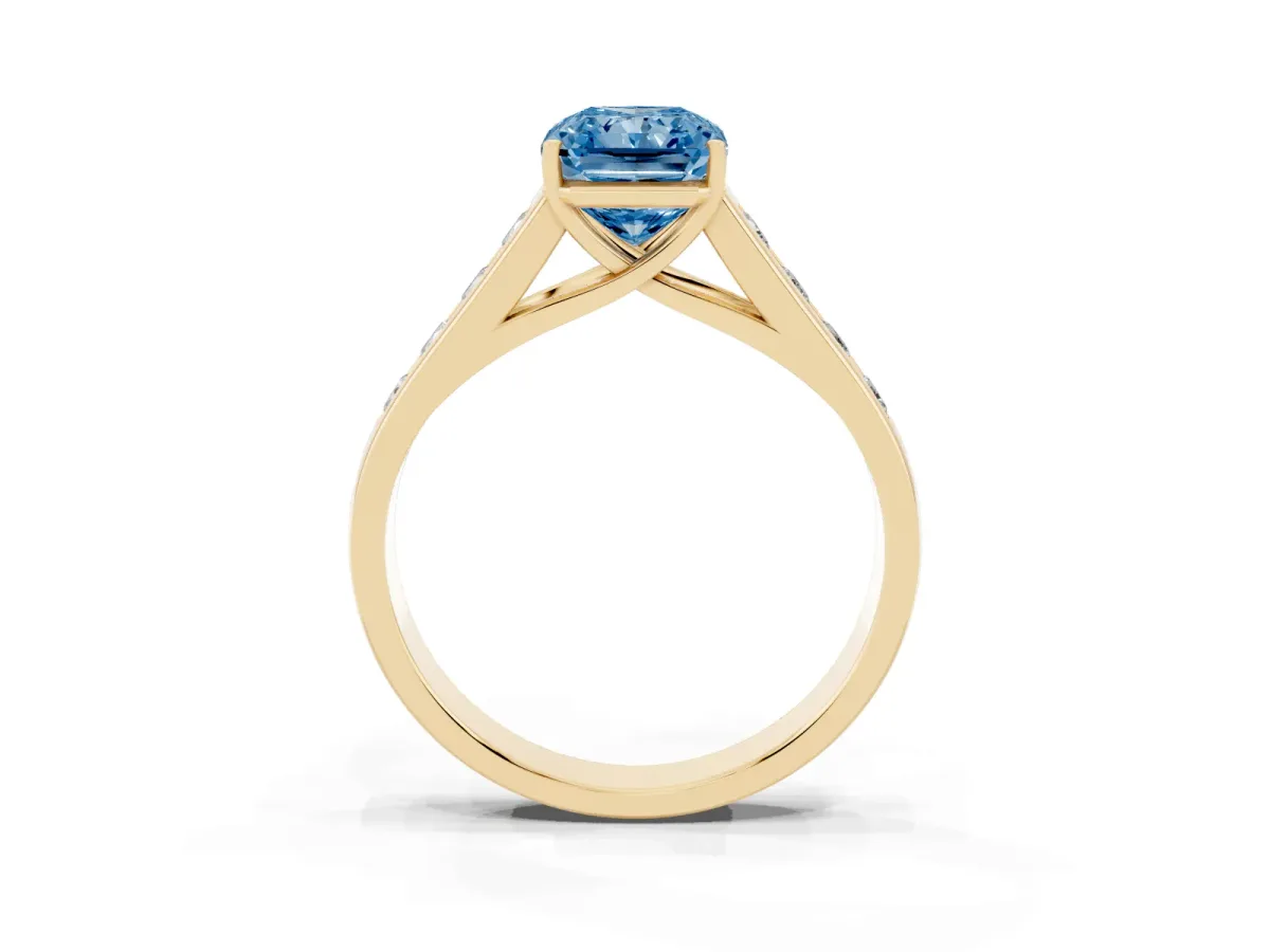 Fancy Blue Radiant Cut Brilliant Channel-Set Solitaire Ring with Four-Prong Setting Yellow gold