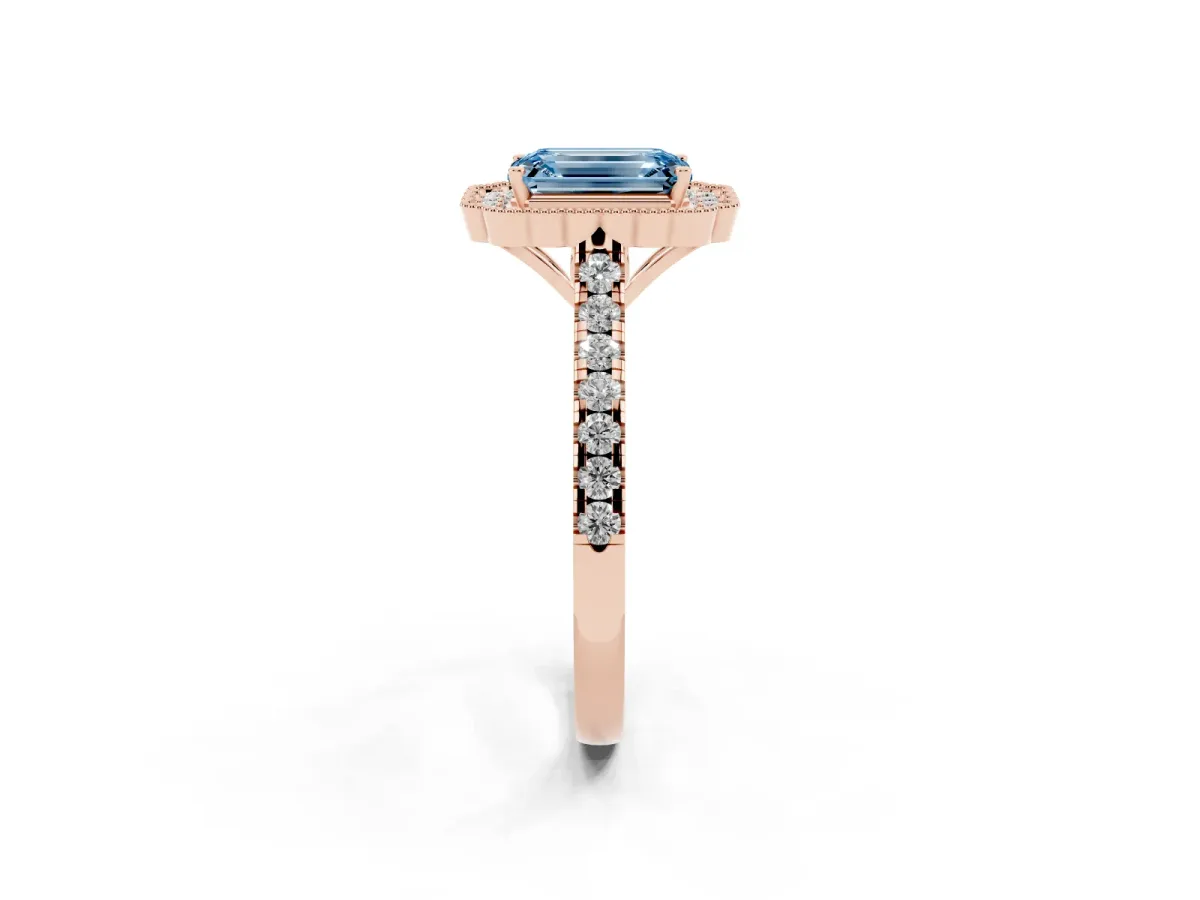 Fancy Blue Emerald Cut Cut Diamond Milgrain Floral Halo Engagement Ring with Pavé Band Rose gold