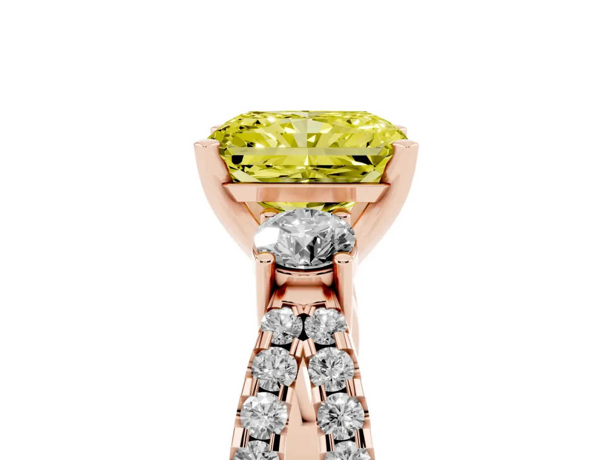Fancy Yellow Radiant Cut Diamond Three-Stone Ring with Pavé Split Shank and Four-Prong Setting Rose gold
