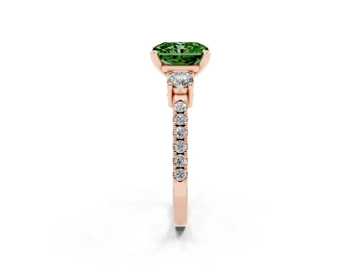 Fancy Green Radiant Cut Three-Stone Diamond Pavé Band with Prong Setting Rose gold