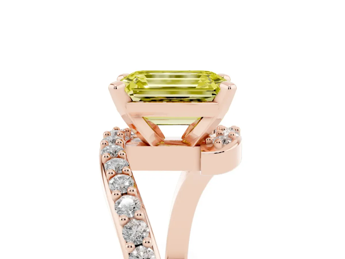 Fancy Yellow Emerald Cut Solitaire Twist Band with Pave Set Diamonds and Four-Prong Setting Rose gold