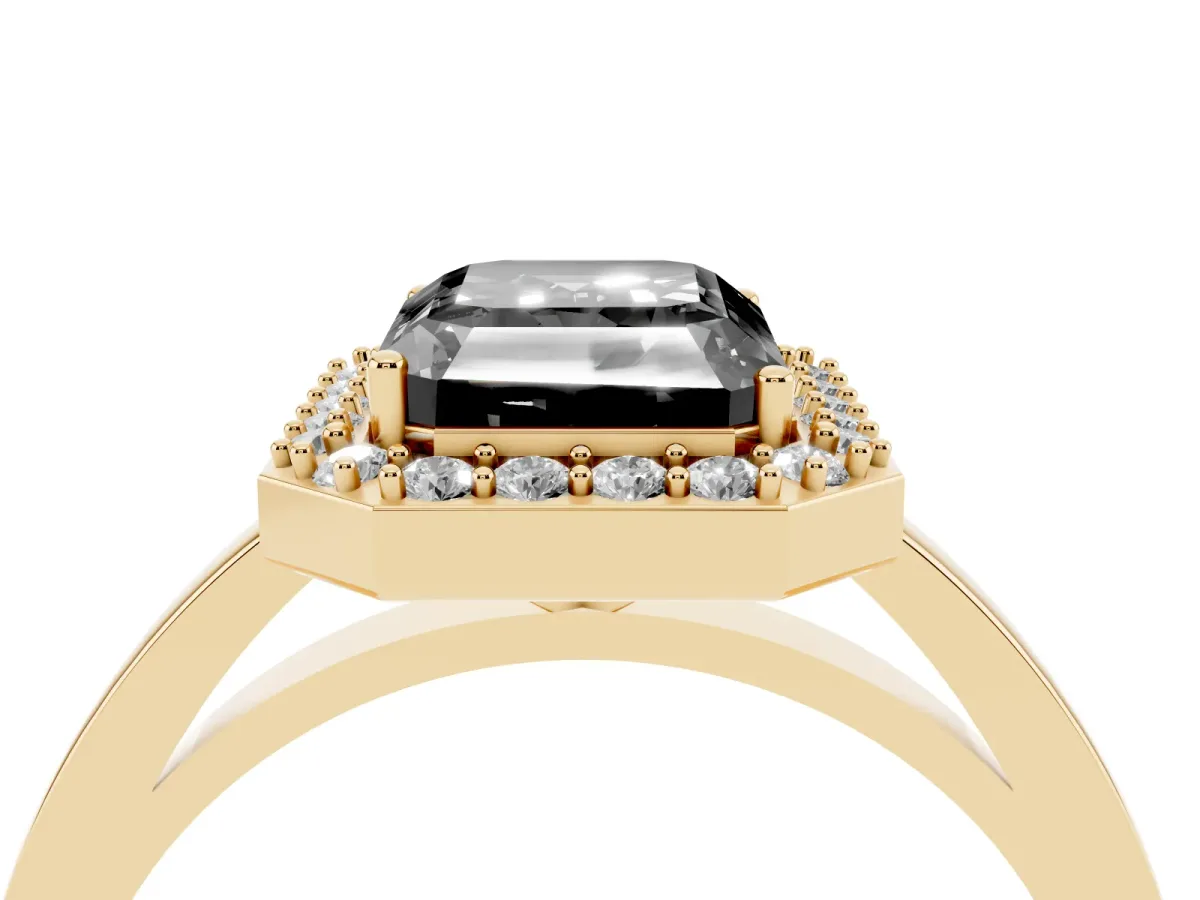 Fancy Black Radiant Cut Halo Diamond Ring with Solitaire Band and Prong Setting Yellow gold