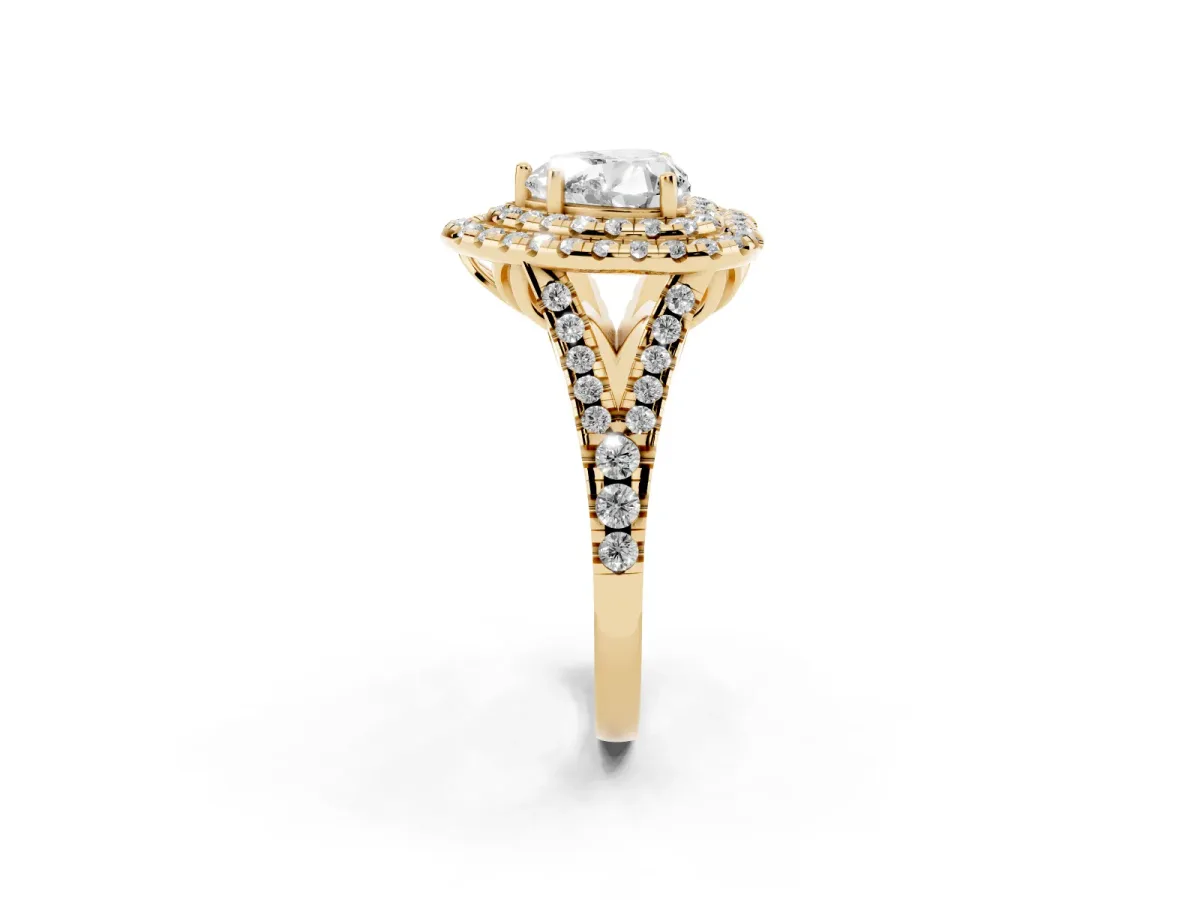 Double Halo Heart Cut Diamond Pavé Split Shank Ring with Prong Setting Yellow gold