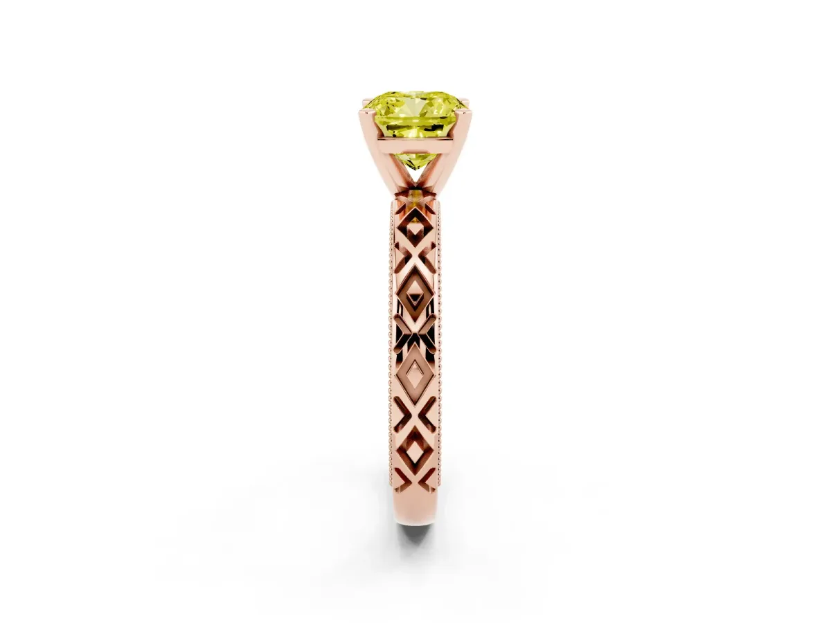 Fancy Yellow Cushion Cut Solitaire Diamond Ring with Milgrain and Black Enamel X Pattern Band Rose gold